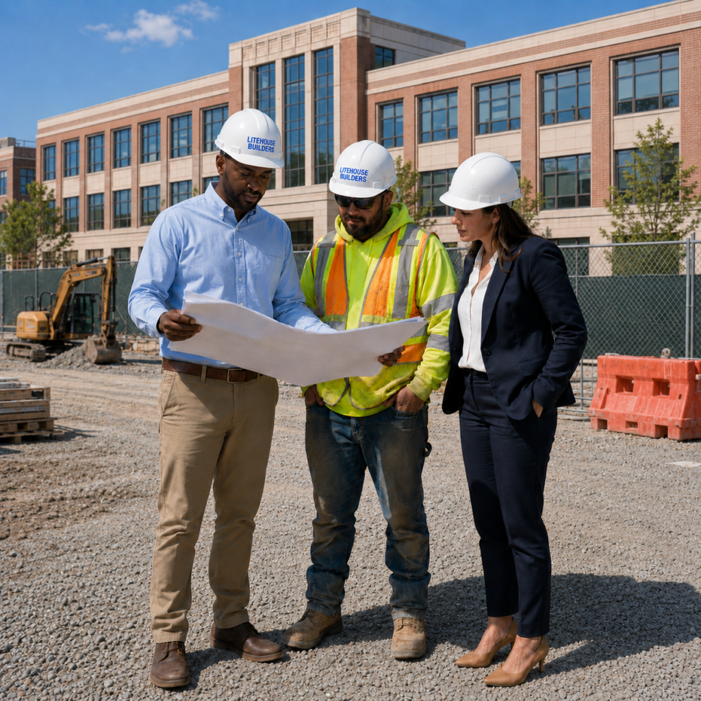 Litehouse Builders Project manager with laborer and safety ai image.